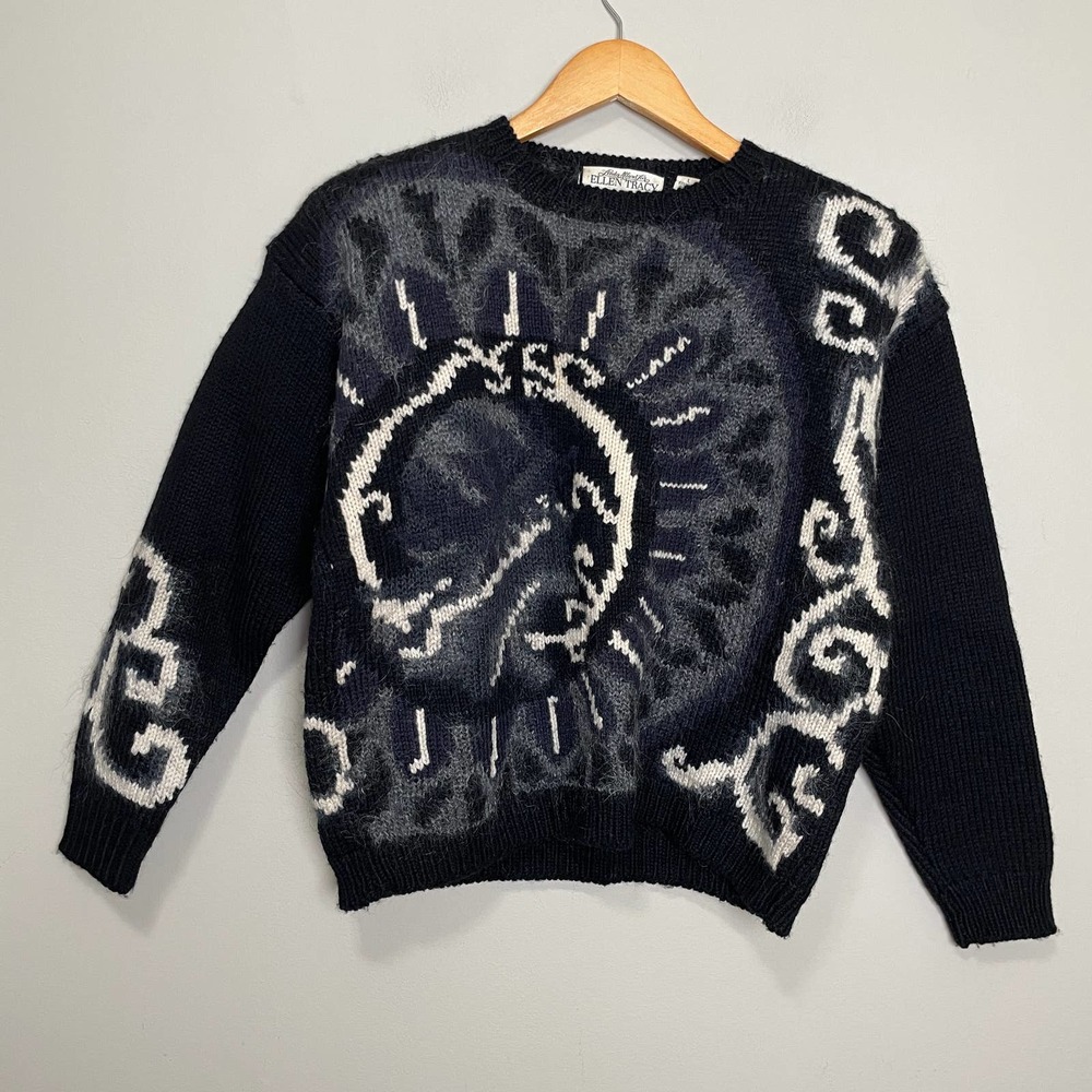 Vintage Ellen Tracy Wool Mohair Graphic Knit Sweater Crewneck Long Sleeve Back L